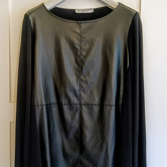 Alex Garfield New York Tops - Alex Garfield Black Faux Leather Front Knit Tunic Long Sleeve Top- Size L-XL